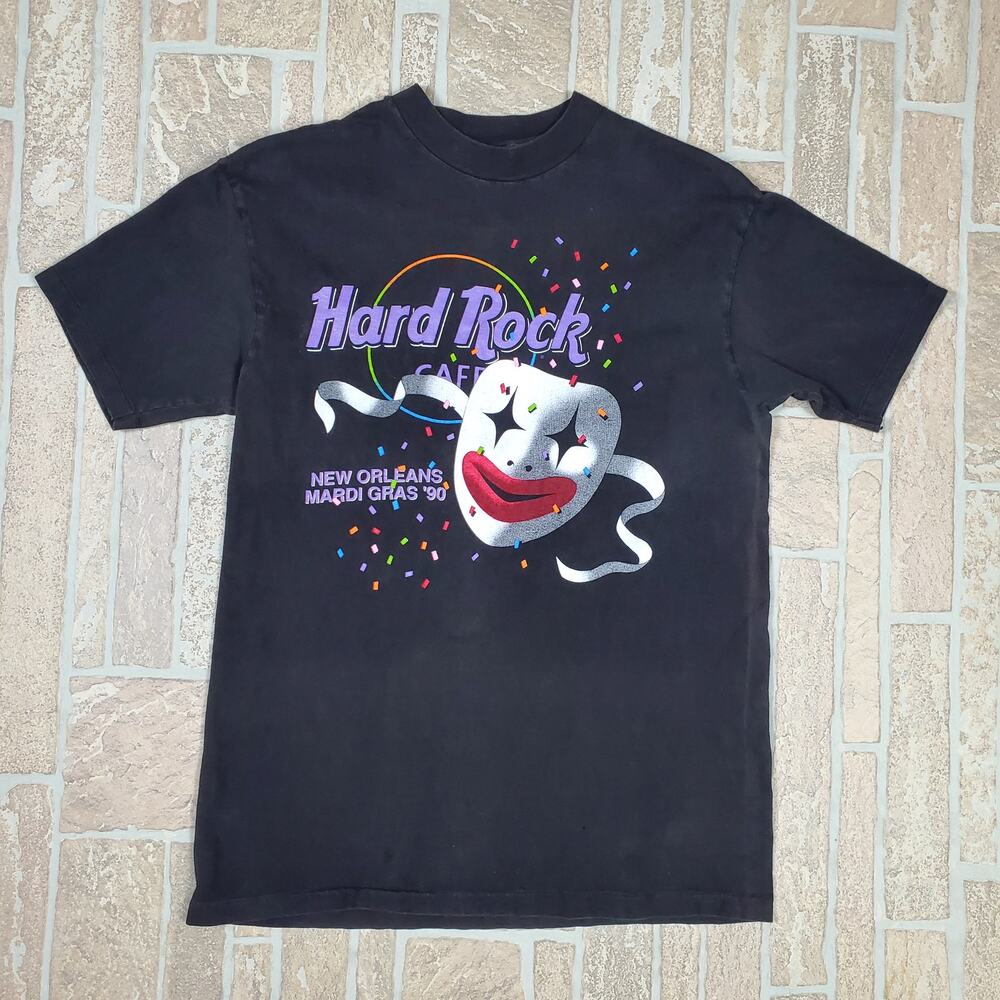 Vintage 1990 Hard Rock Cafe New Orleans Mardi Gras T-Shirt Hanes Beefy-T Black L